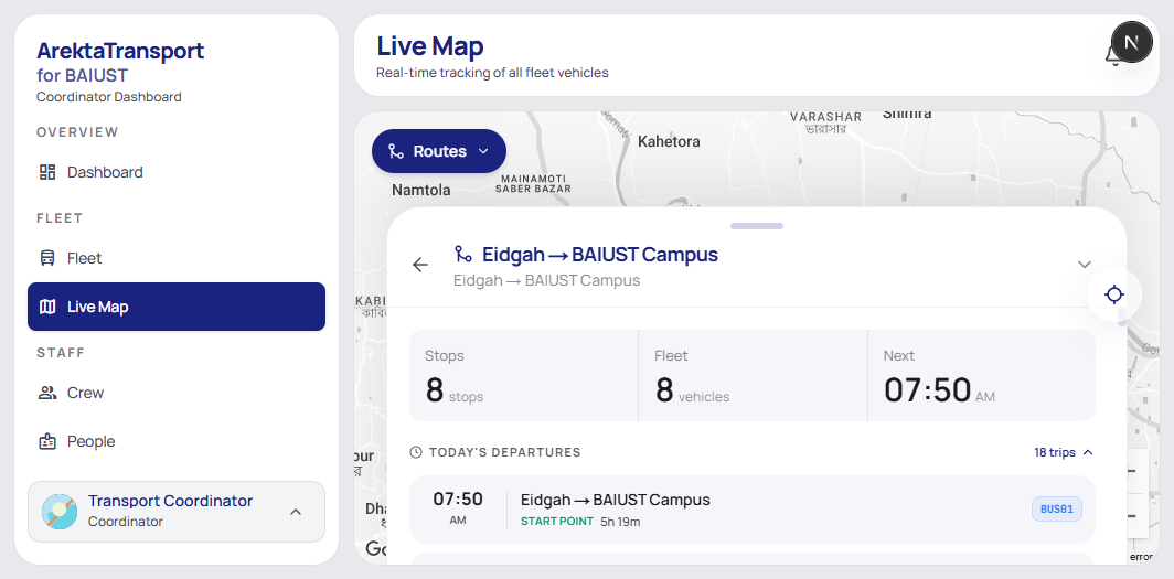 Coordinator map on the Eidgah to campus route, from the app with the catalog loaded. Eight stops, eight vehicles, next departure 07:50. Trackers are not publishing from the buses yet.